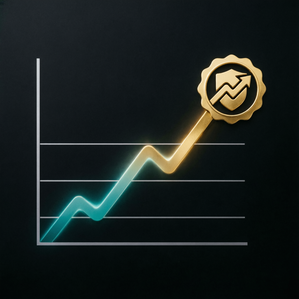 Financial portfolio growth chart with rising trend line and premium badge