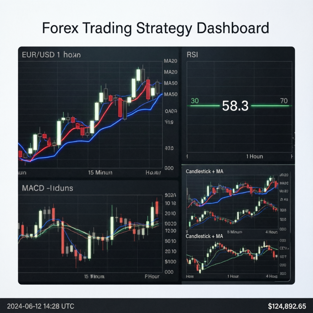 Forex trading strategy dashboard with technical indicators