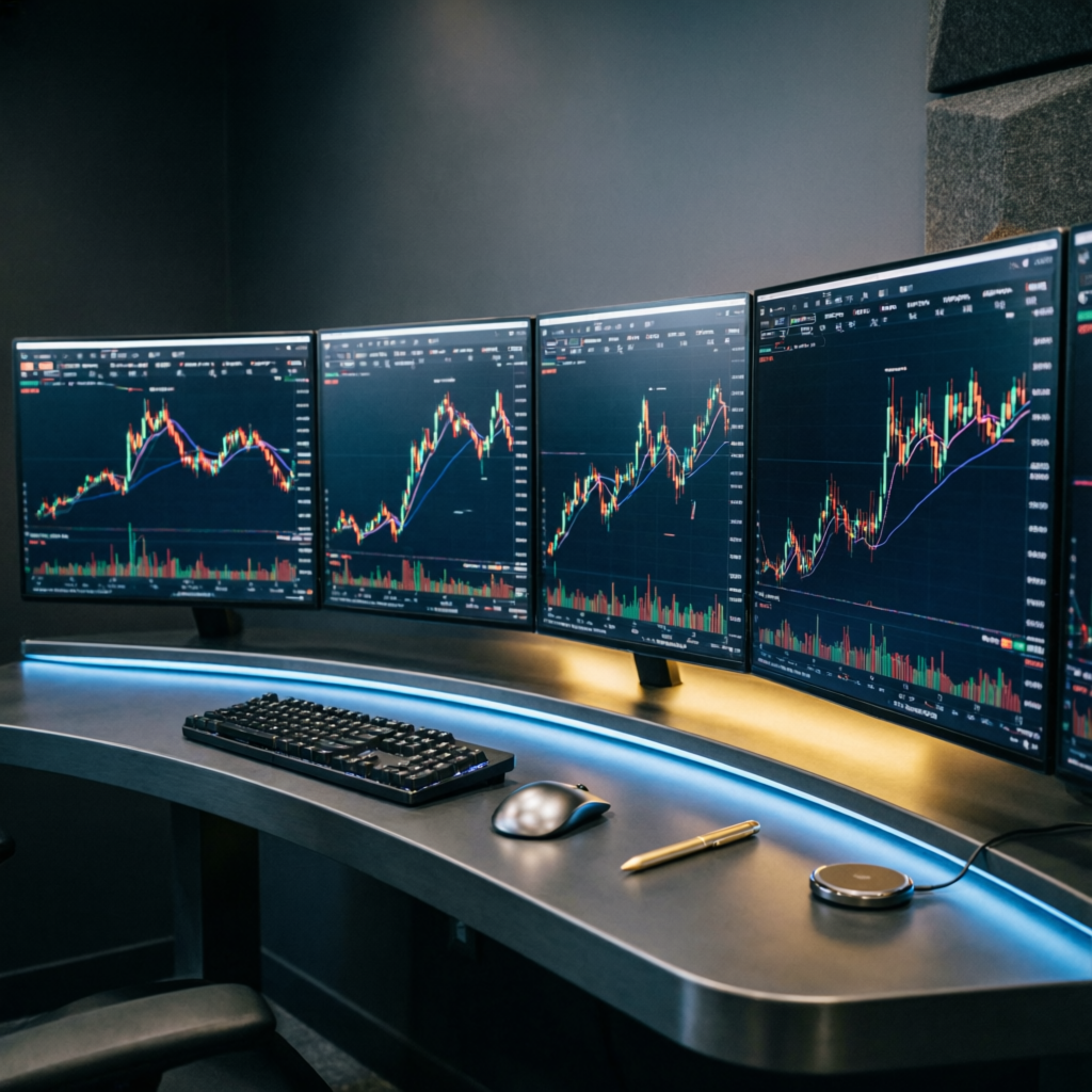 Professional trading setup with multiple monitors for prop firm challenge