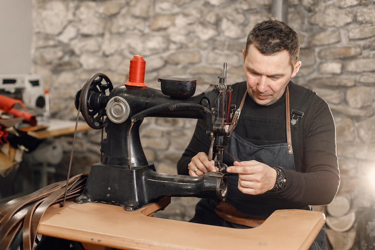 خياط يعمل على ماكينة خياطة قديمة سوداء