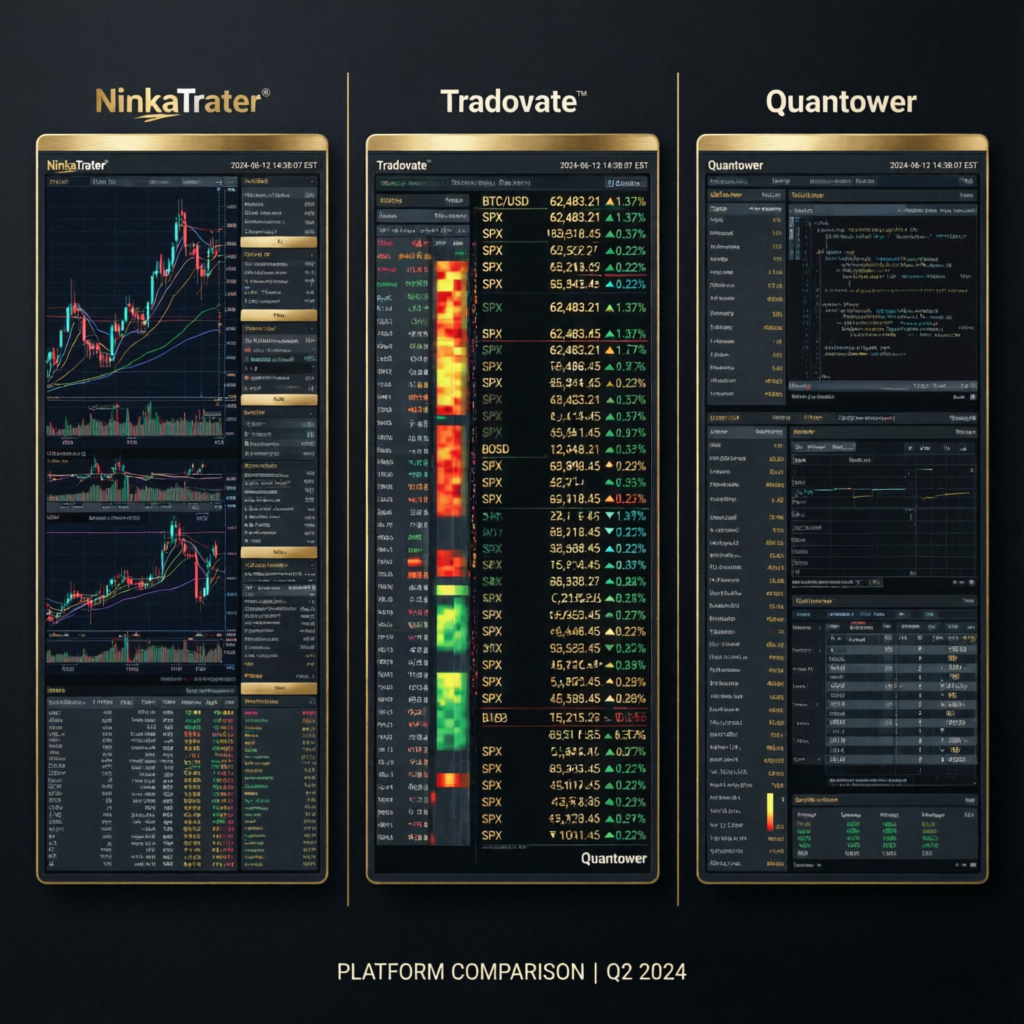 Trading platform comparison showing NinjaTrader, Tradovate, and Quantower interfaces