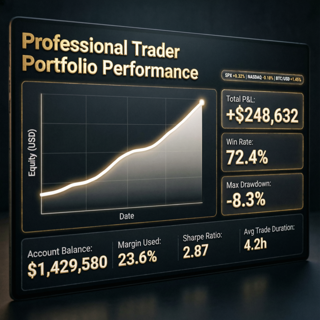 Professional trader portfolio performance dashboard showing equity curve and metrics
