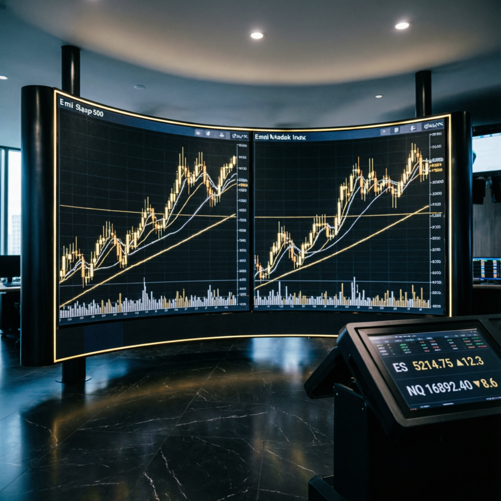 Professional futures trading room with large curved monitors showing ES and NQ charts