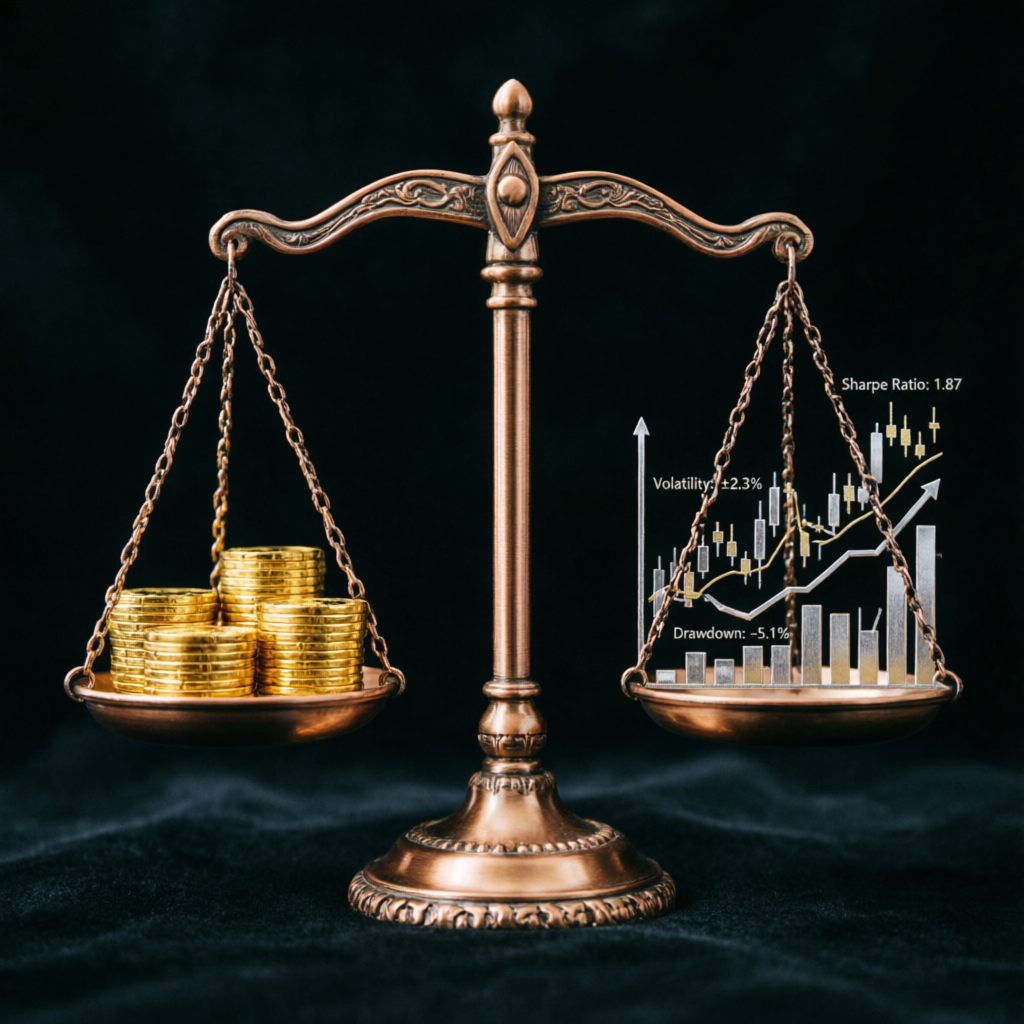 Risk management visualization with balanced scales and trading metrics