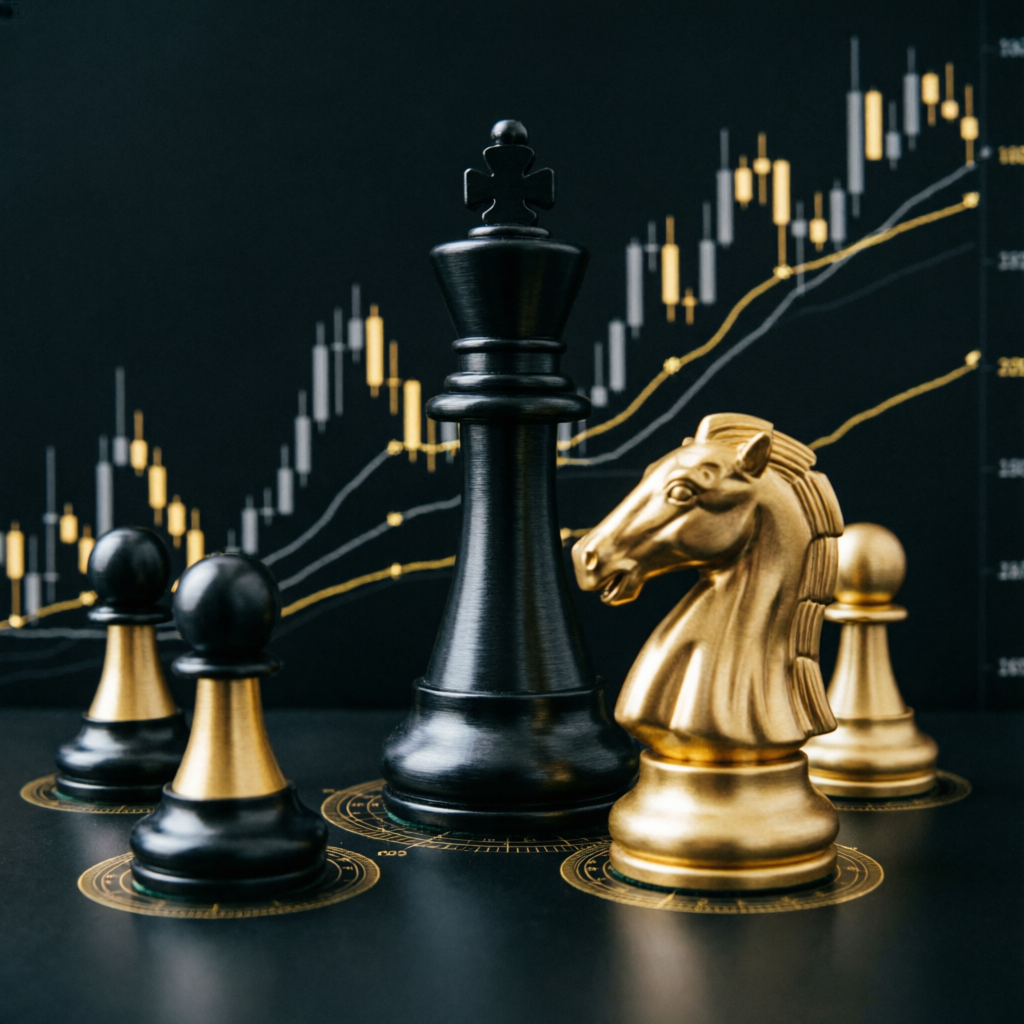 Trading psychology concept with chess pieces representing strategic thinking
