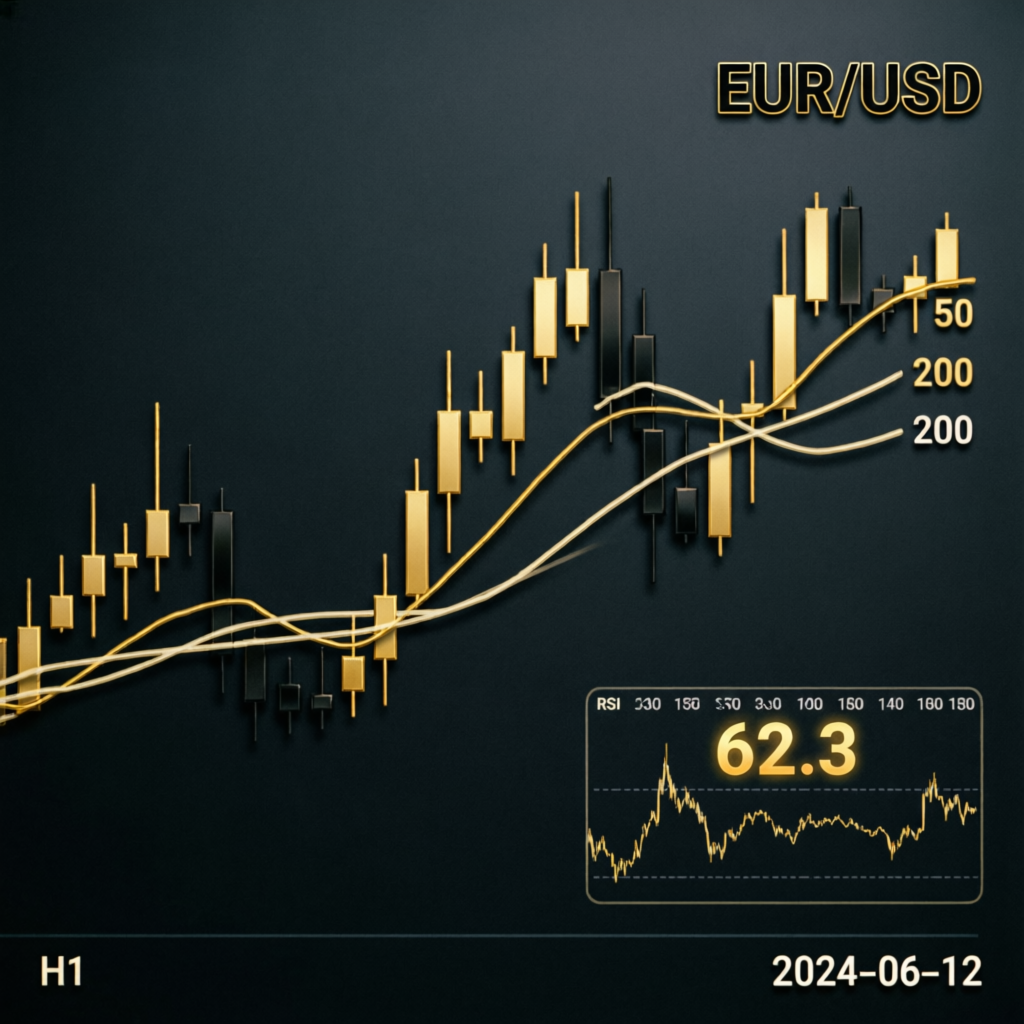 Professional forex trading chart with candlestick patterns and technical indicators