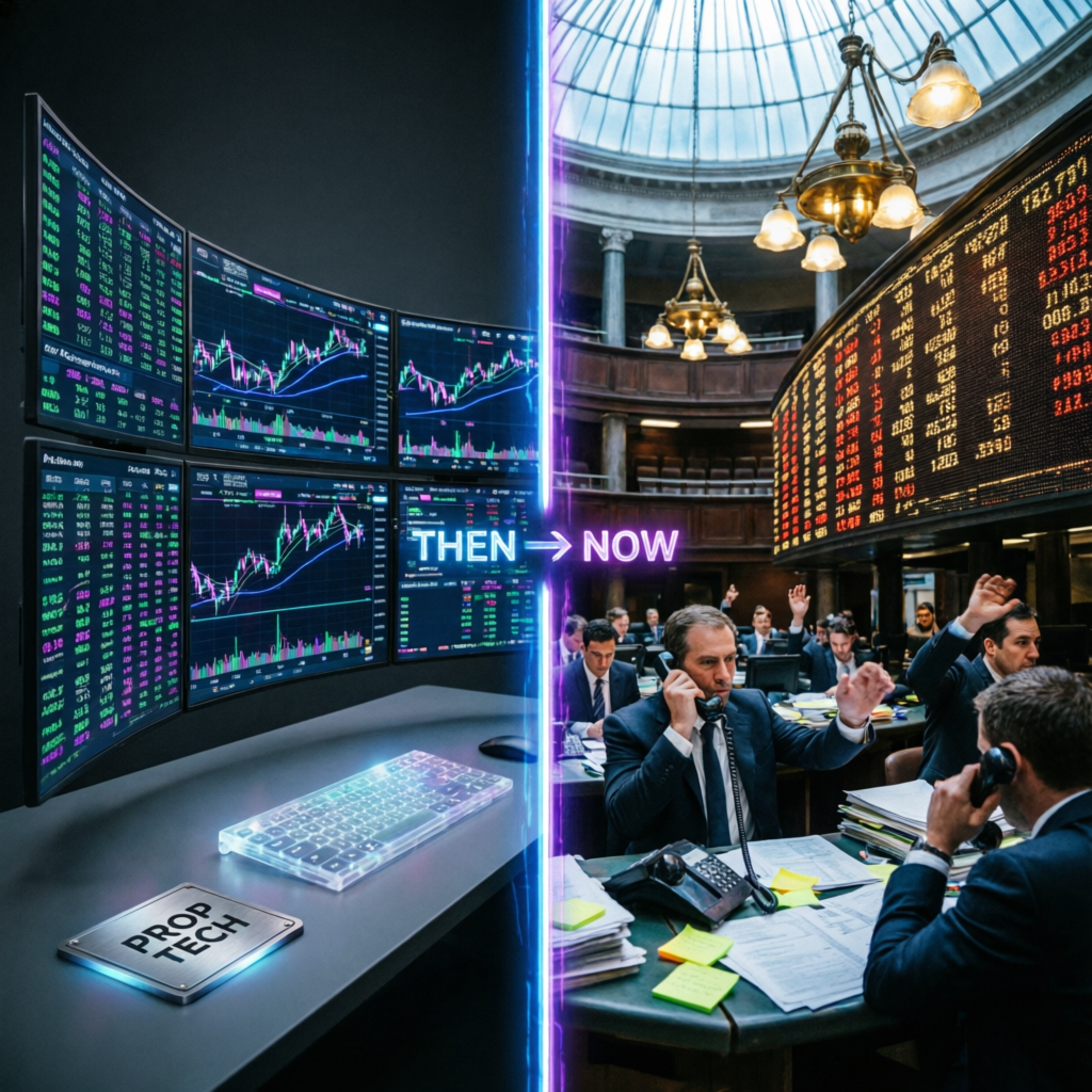 Comparison visual showing modern online prop firm vs traditional trading floor
