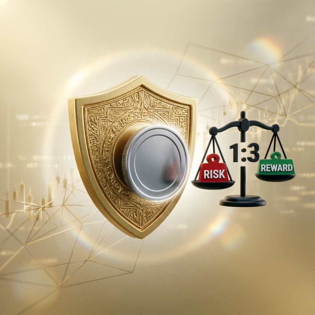 Risk management concept with shield and balance scale