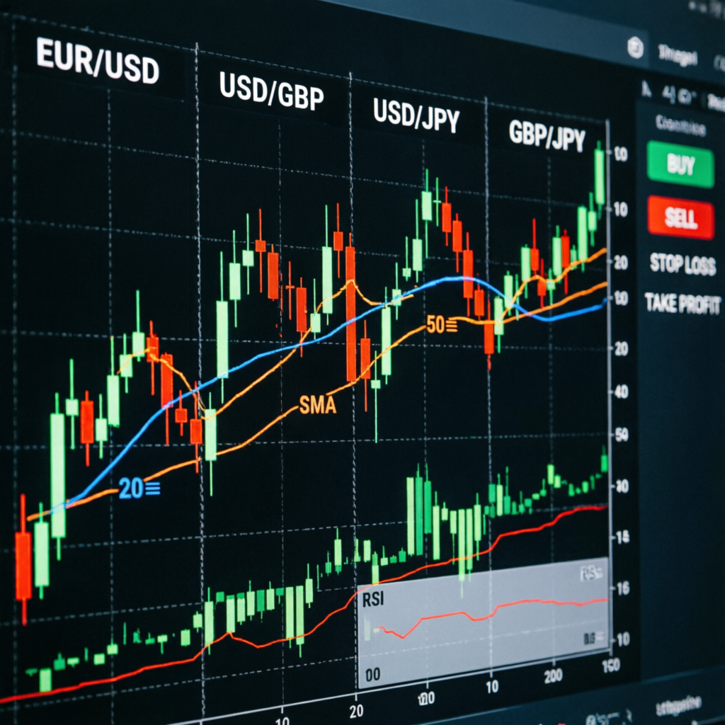 Forex currency pairs trading analysis with technical indicators