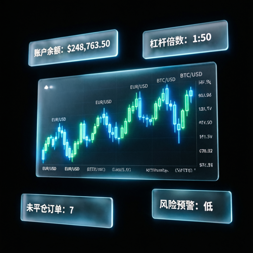 Premium trading dashboard with holographic financial charts and candlestick patterns