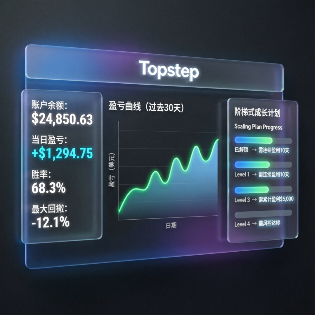 Topstep trading platform dashboard showing account metrics and scaling plan