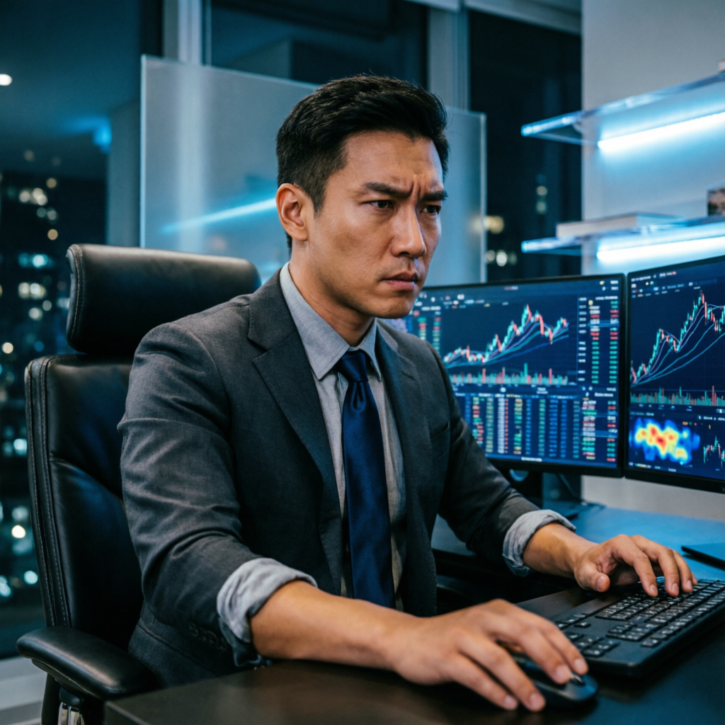 Professional forex trader analyzing multiple monitors with trading charts