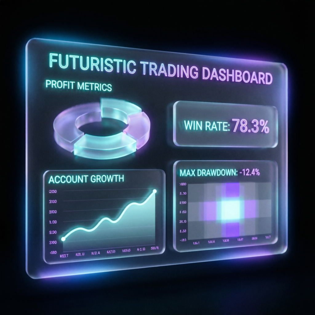 Futuristic trading statistics dashboard with profit metrics