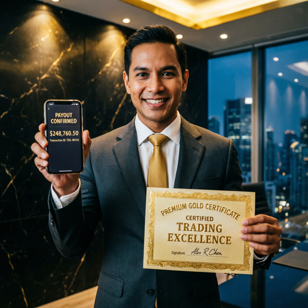 Successful trader receiving payout with trading excellence certificate