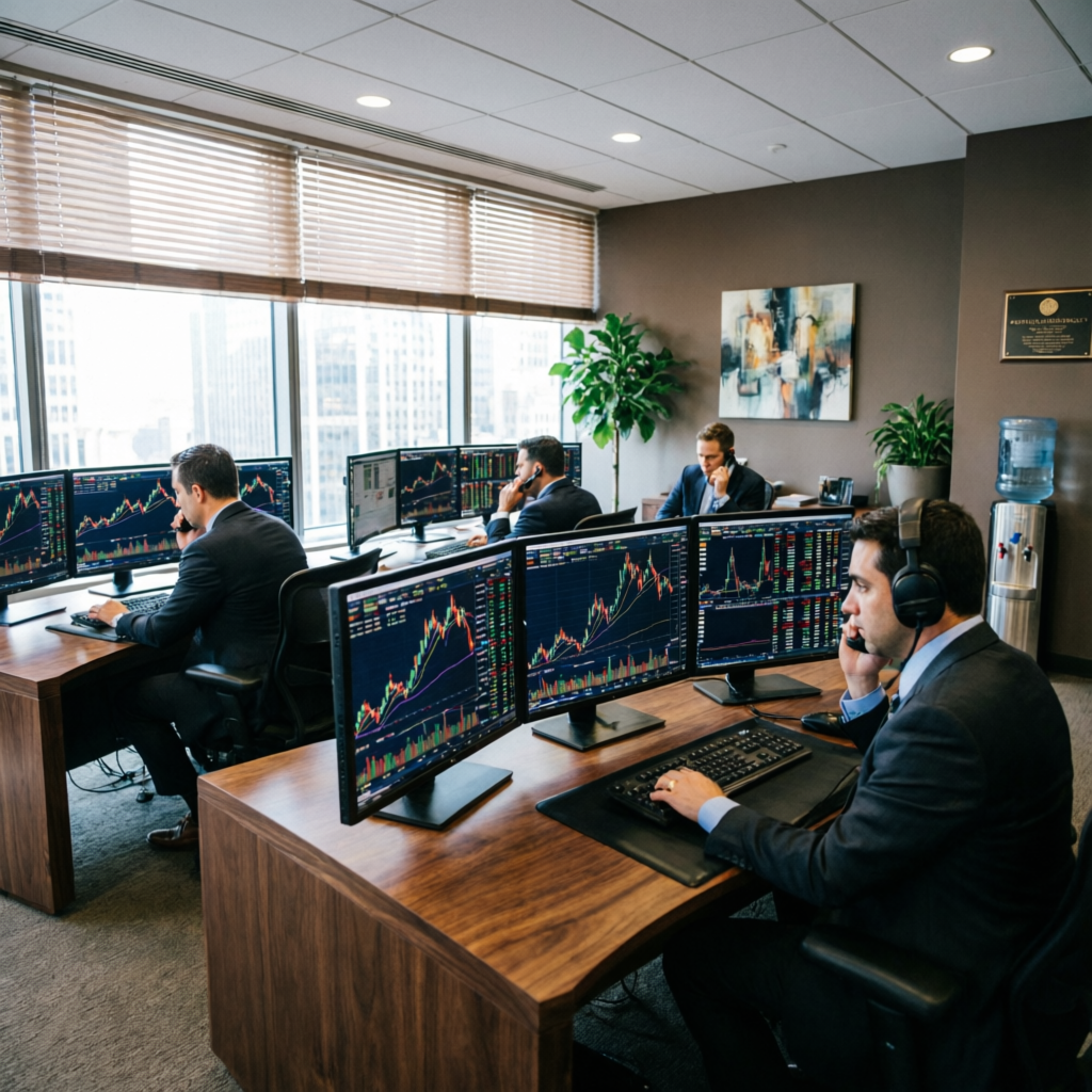 Traditional prop trading firm office with traders working at desks