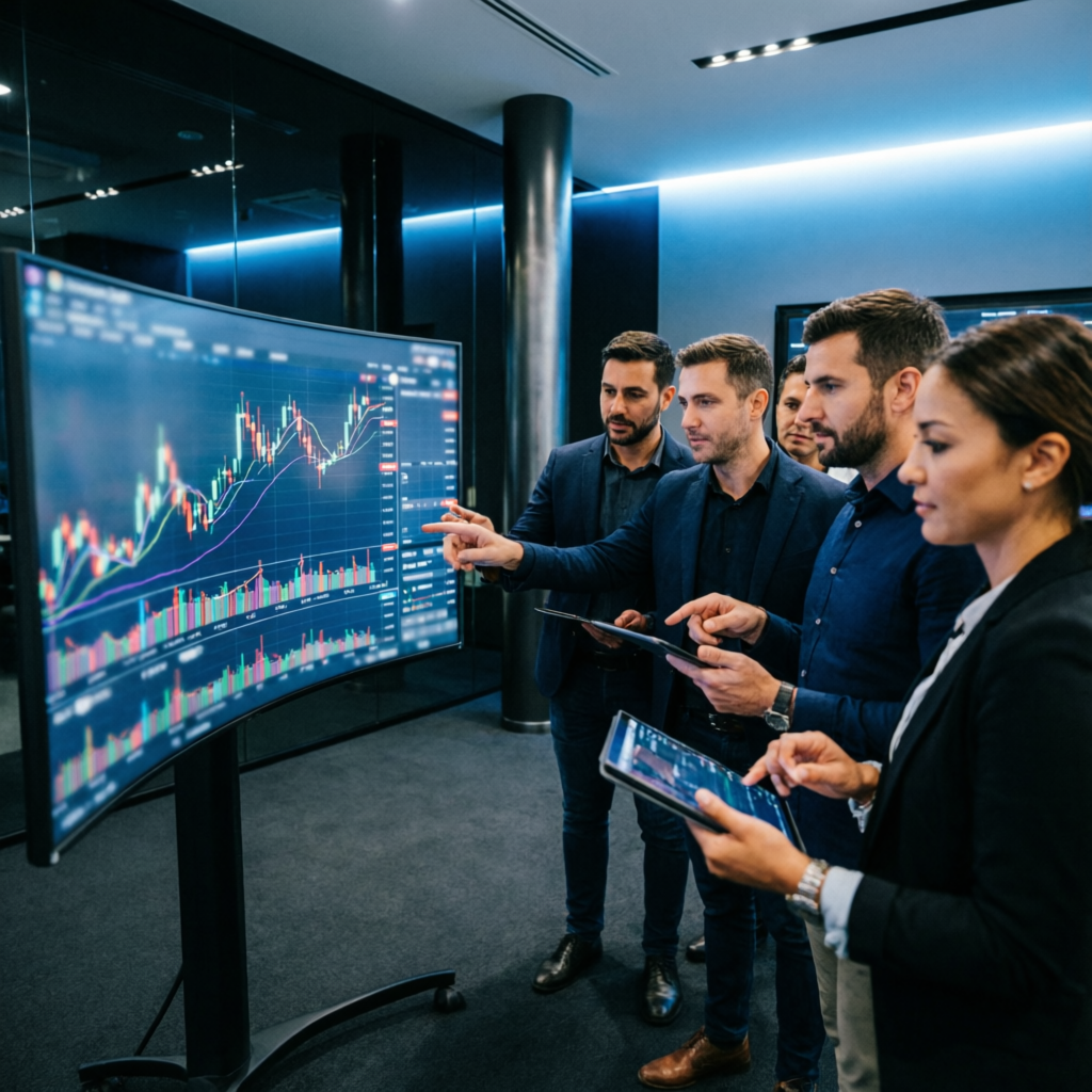 Professional team of forex traders collaborating around trading screen