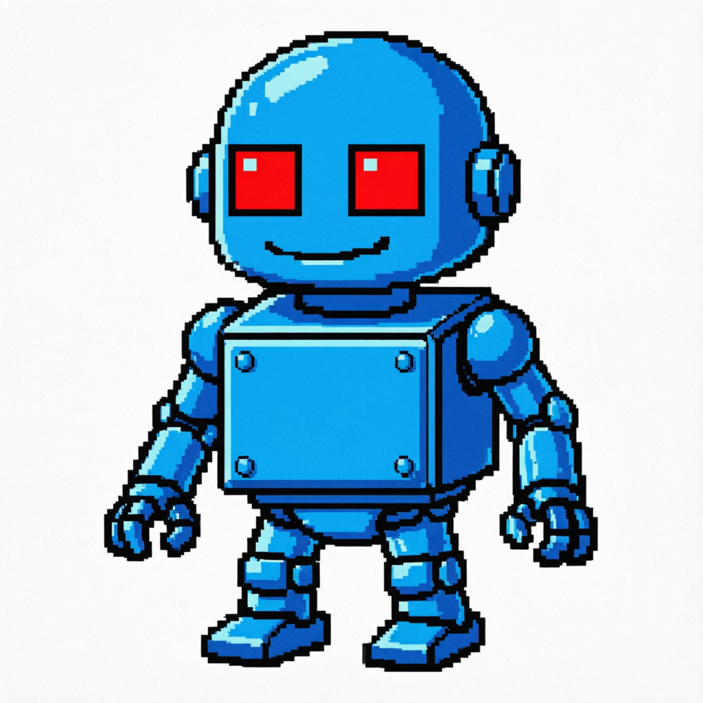Upscaled pixel art robot sprite at 8x scale