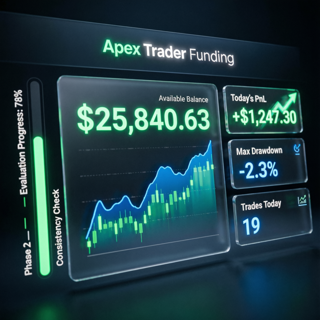 Apex Trader Funding dashboard showing account balance, PnL, and evaluation progress