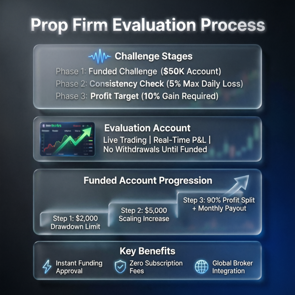 Prop firm evaluation process showing challenge stages and funded account progression