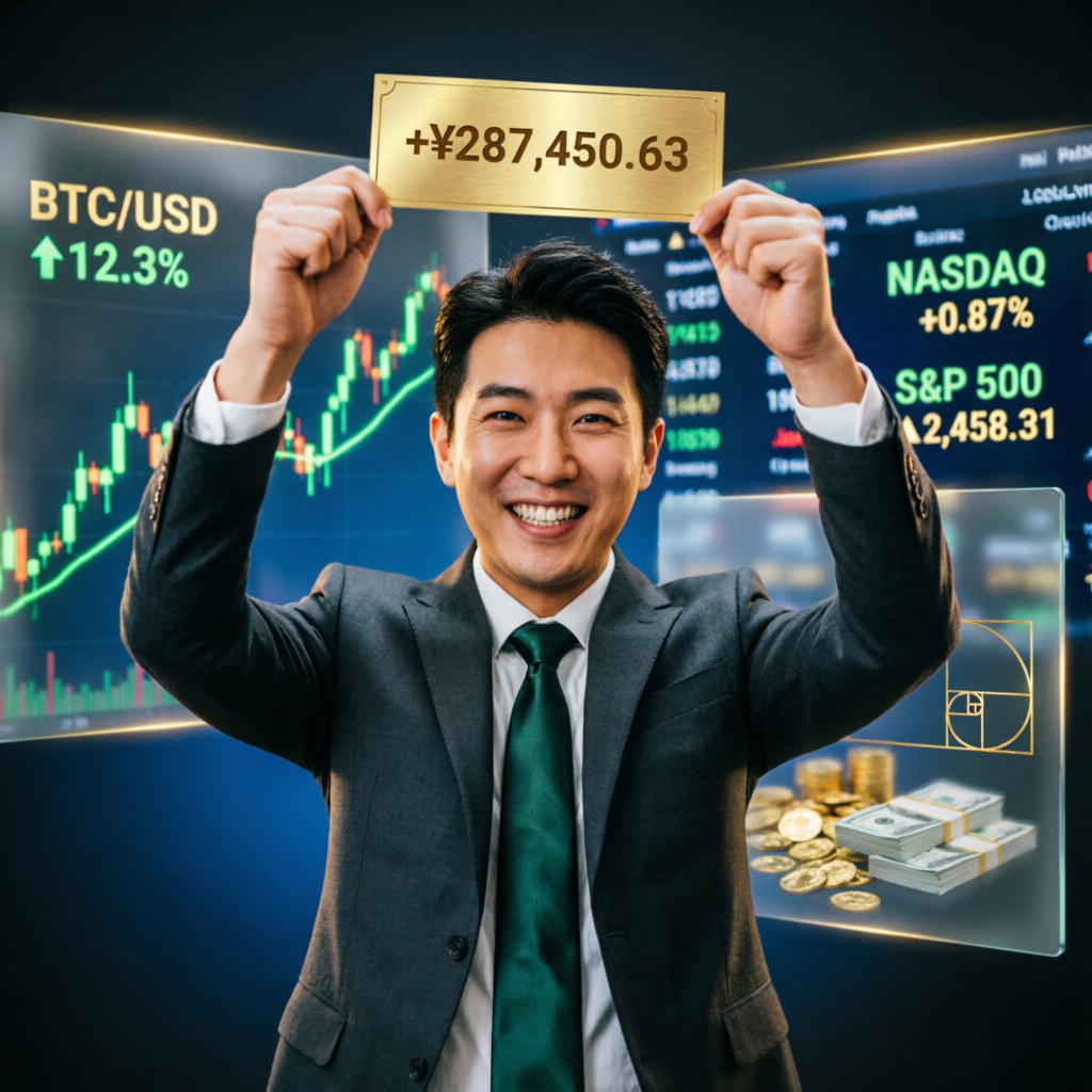 Trader celebrating successful payout with profit visualization