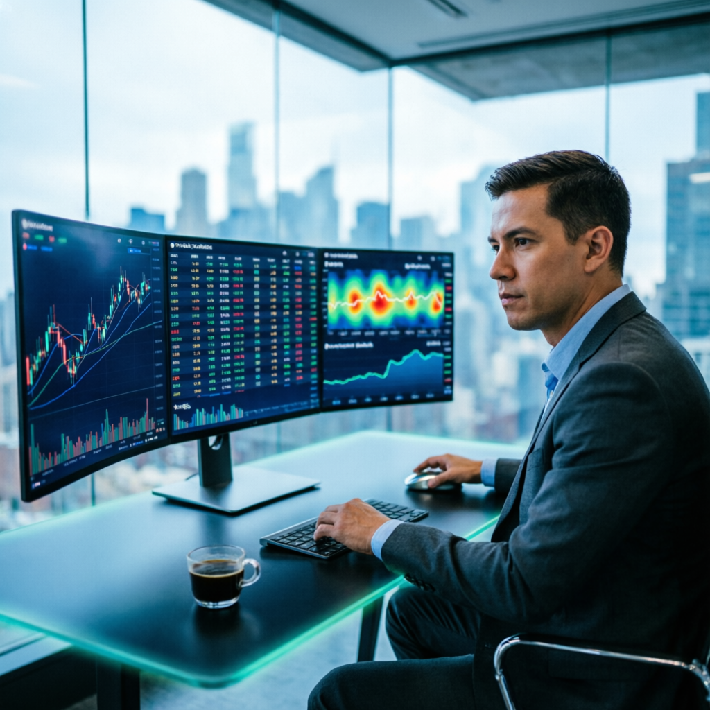 Professional trader analyzing futures market data on multiple monitors