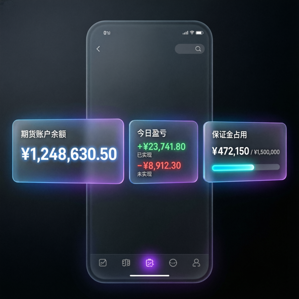 Mobile trading app showing futures account balance and profits