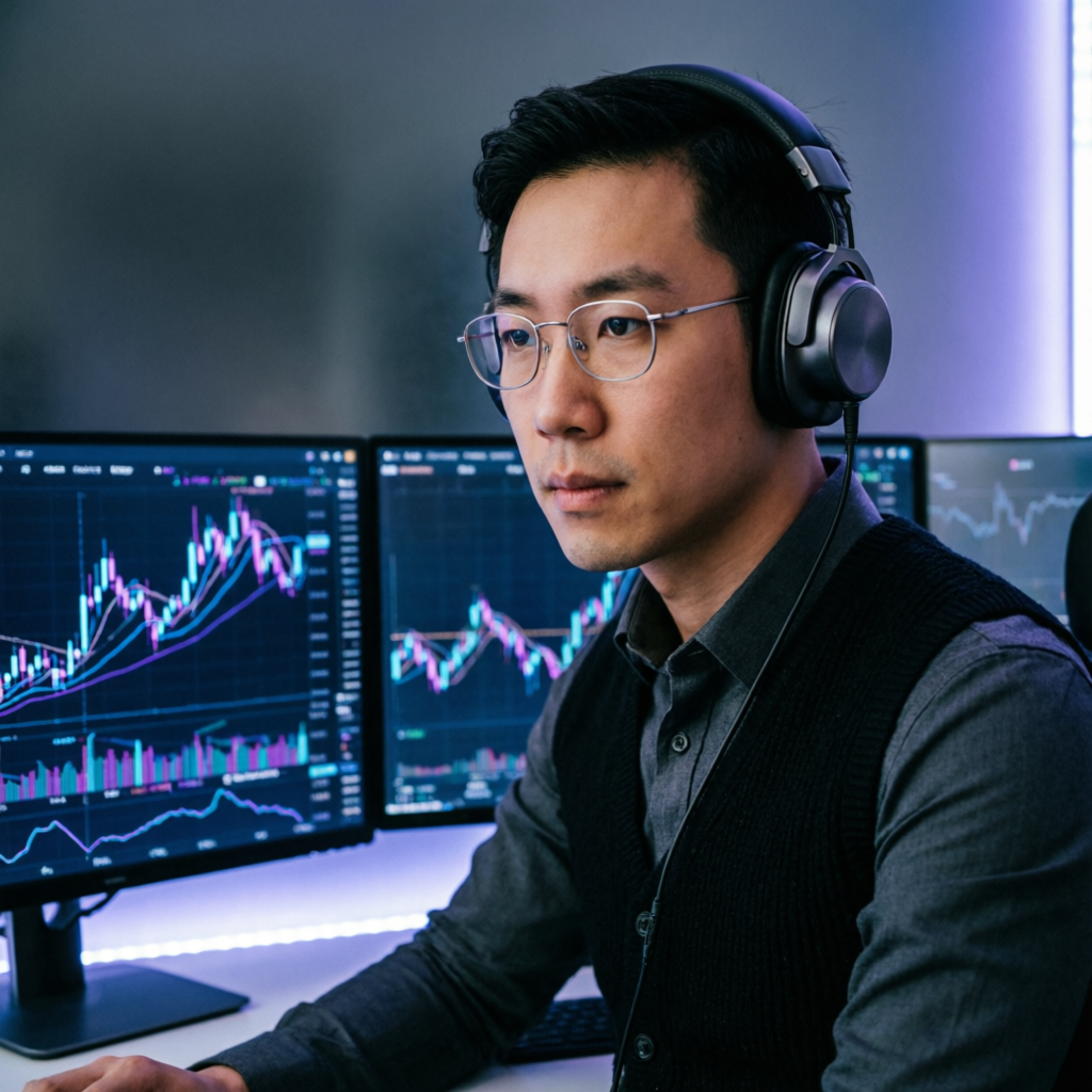 Focused trader with headphones analyzing charts - trading psychology
