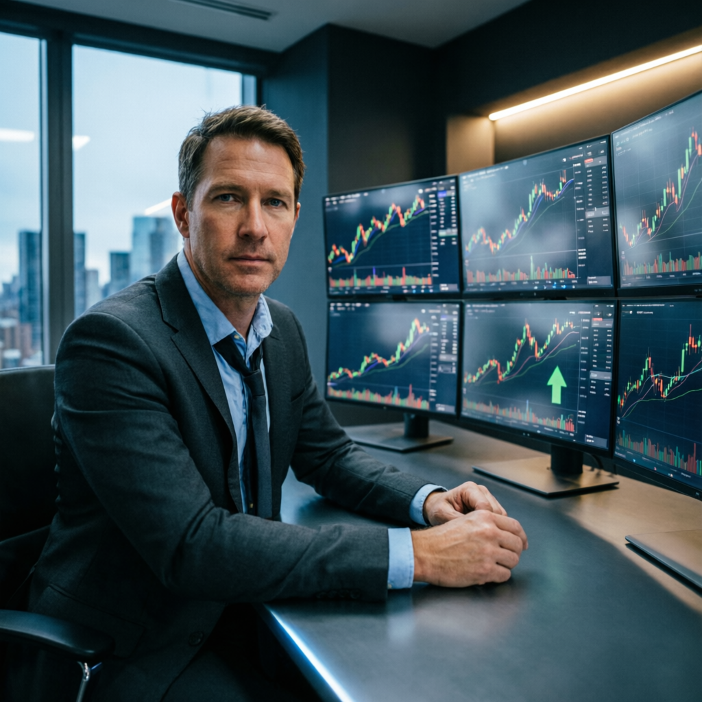 Professional forex trader with multiple monitors showing futures charts - Apex Trader Funding review
