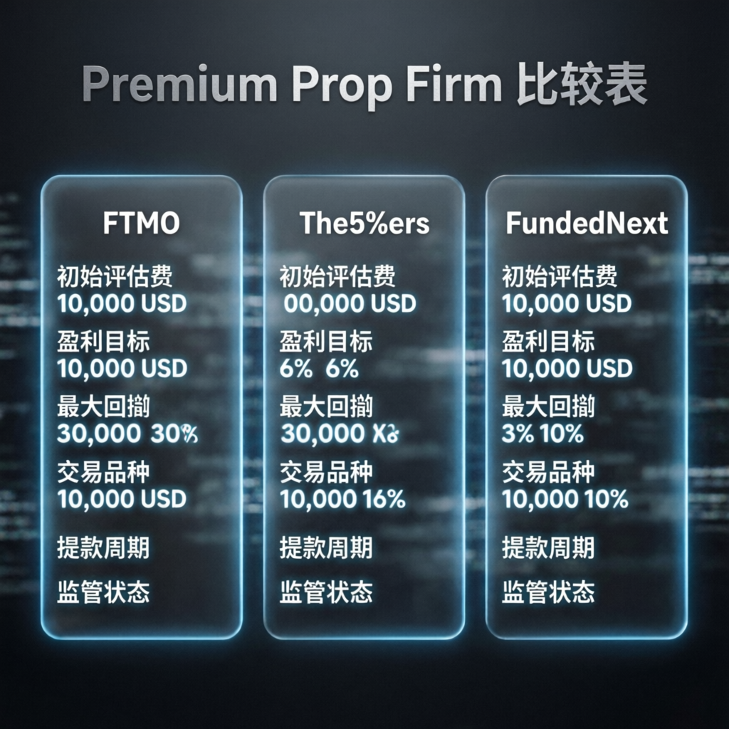Premium prop firm comparison table showing different features