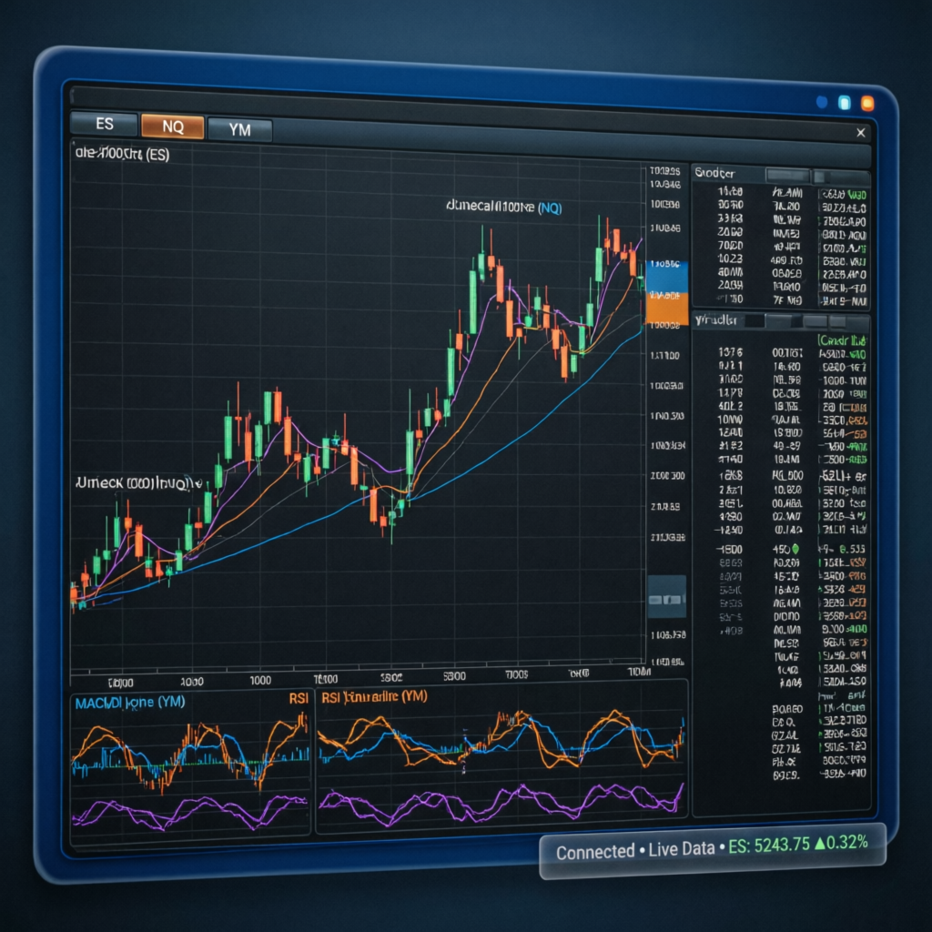 NinjaTrader trading platform interface with futures charts