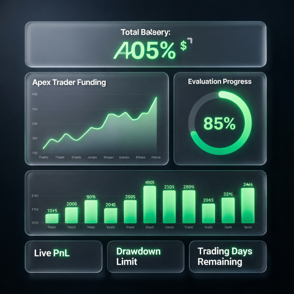 Apex Trader Funding dashboard showing evaluation progress and trading analytics