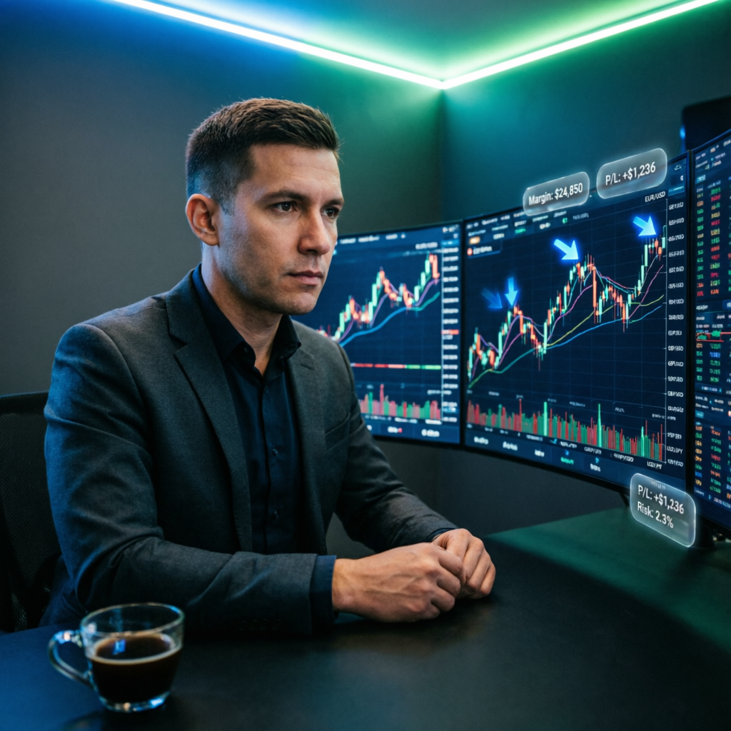 Professional forex trader analyzing Apex Trader Funding charts in modern trading room