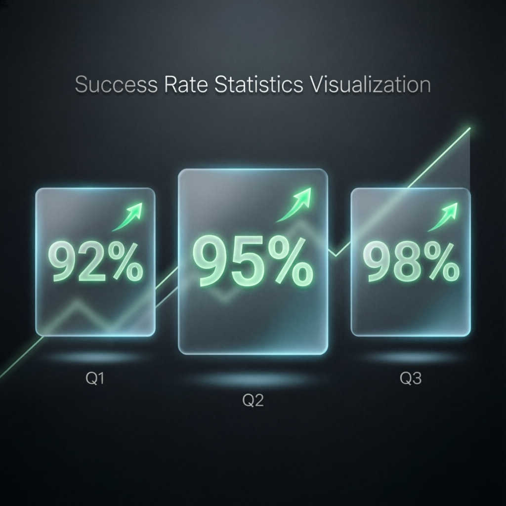 Success rate statistics showing 92%, 95%, and 98% quarterly performance