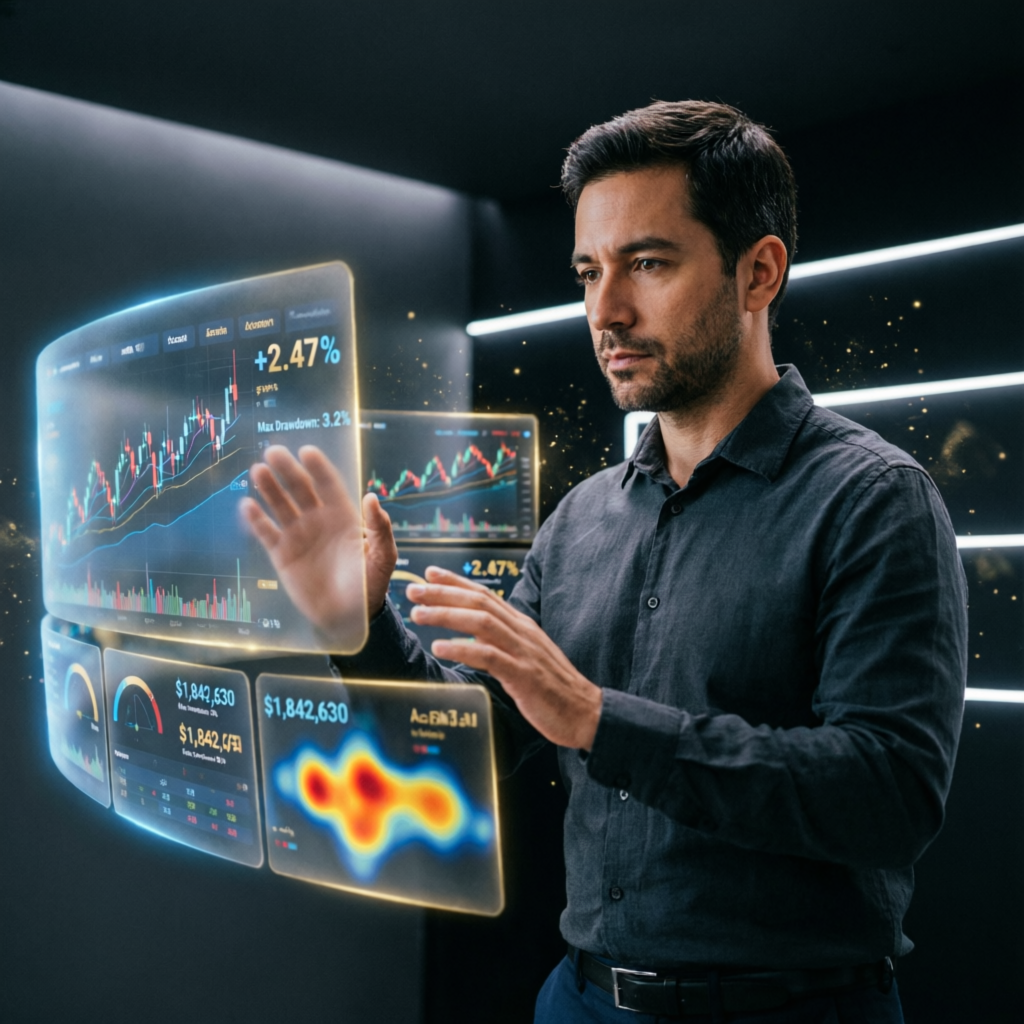 Professional trader managing funded accounts with holographic displays