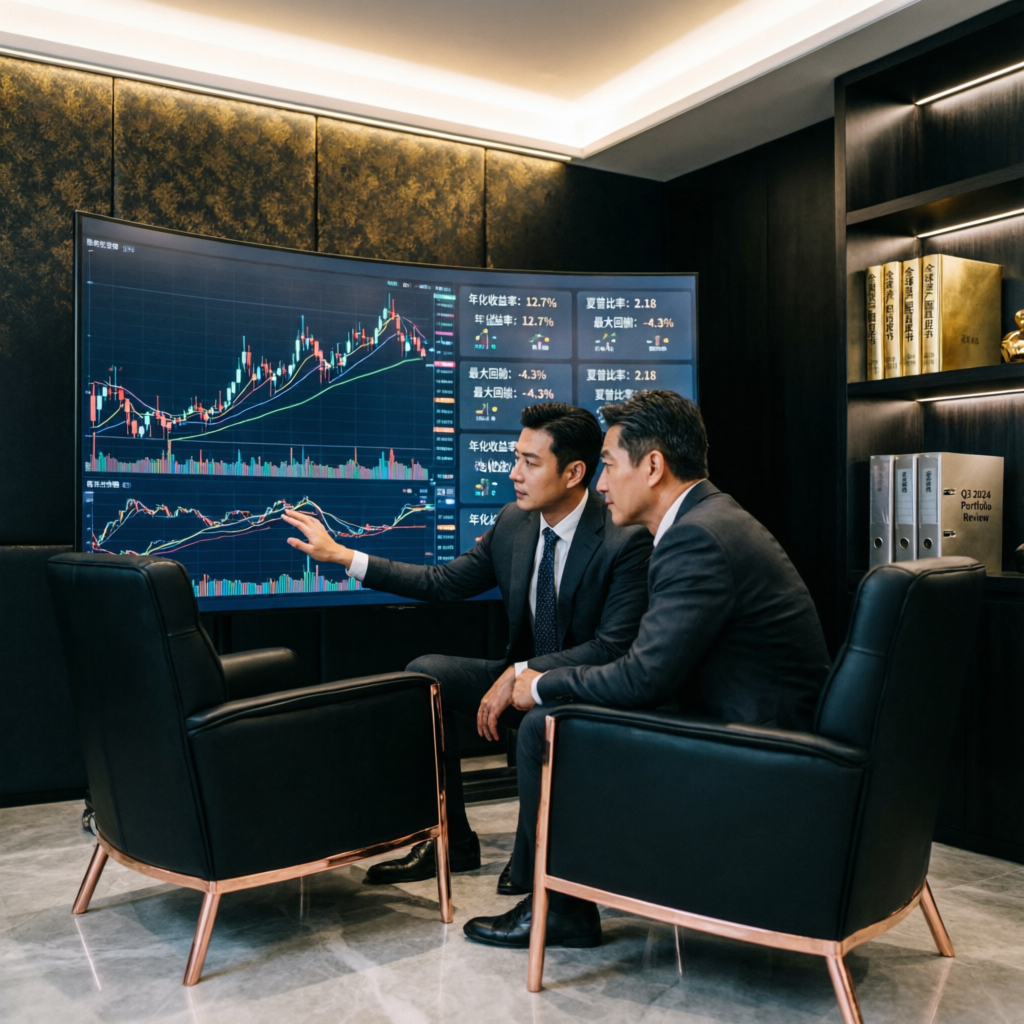 Luxury financial consulting office with traders reviewing performance charts