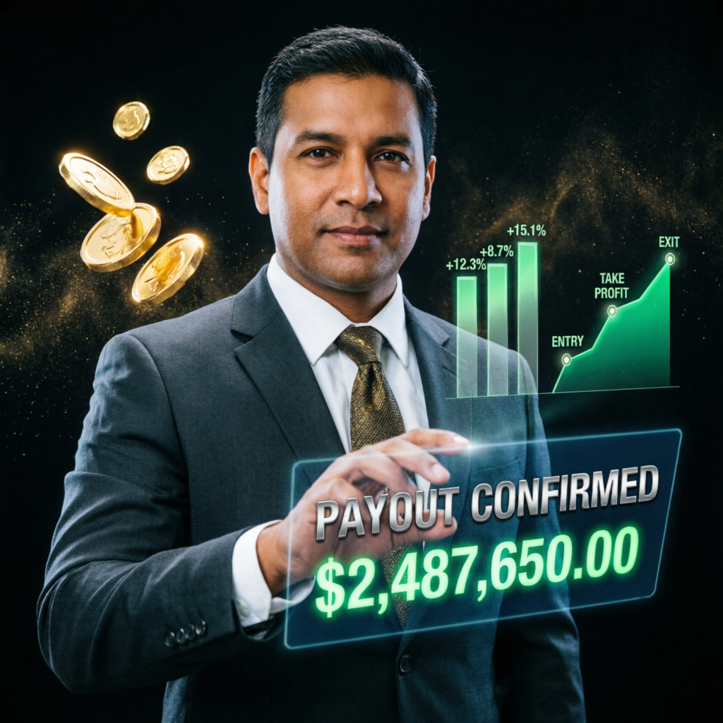 Trading payout confirmed with profit charts and gold coins