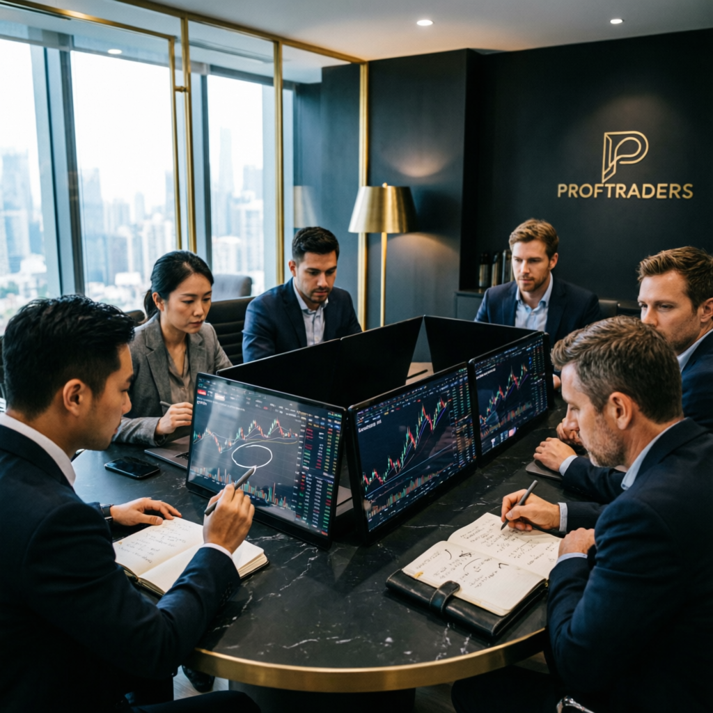 Professional prop firm trading team analyzing charts and performance data