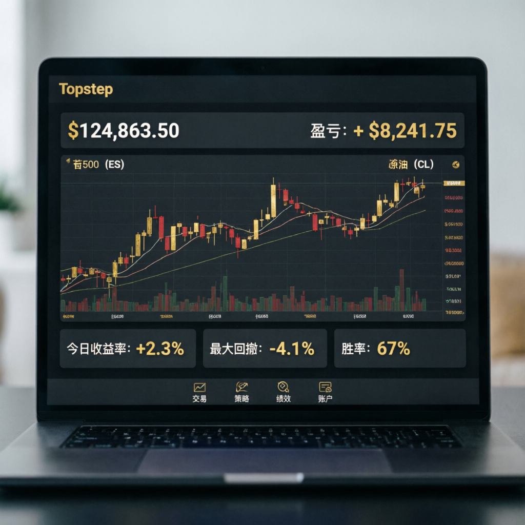 Topstep trading platform dashboard showing futures trading charts and profit metrics