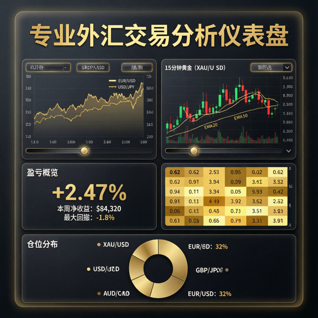 Professional forex trading analytics dashboard with multiple charts and indicators