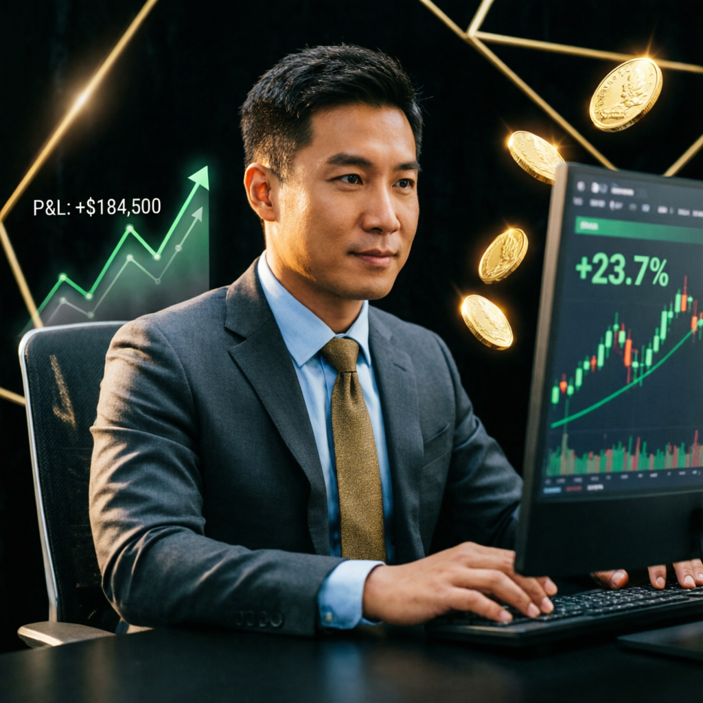 Funded trading account success with profit charts and gold coins