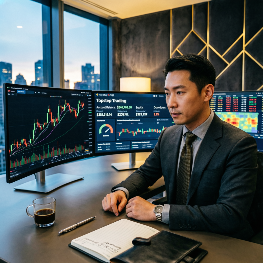 Professional Topstep trader reviewing prop firm passing service results