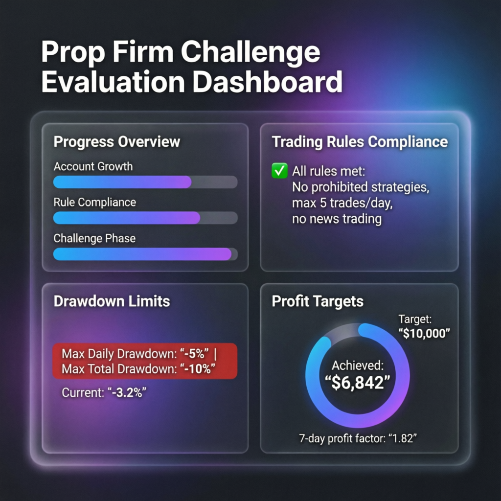 My Funded Futures Prop Firm Challenge Evaluation Dashboard with Rules and Drawdown Limits