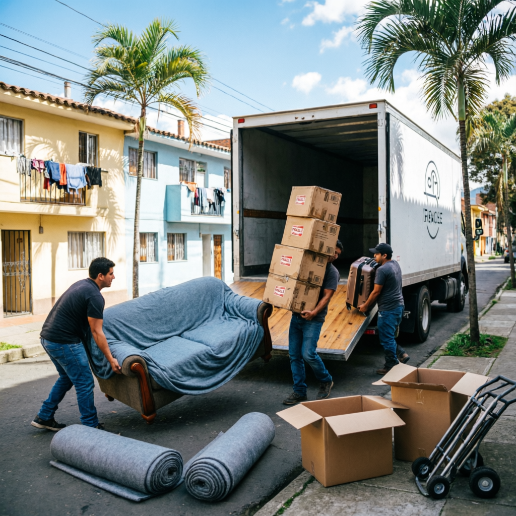 Trasteos Bosa - Camión de mudanzas con auxiliares cargando muebles en la localidad de Bosa Bogotá
