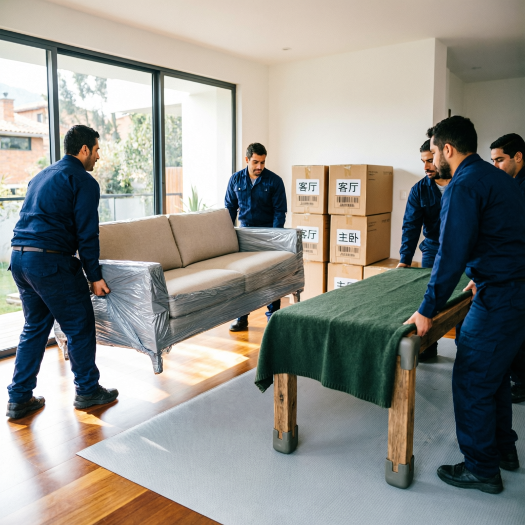 Trasteos Bosa - Auxiliares profesionales moviendo muebles con empaque protector dentro de una casa