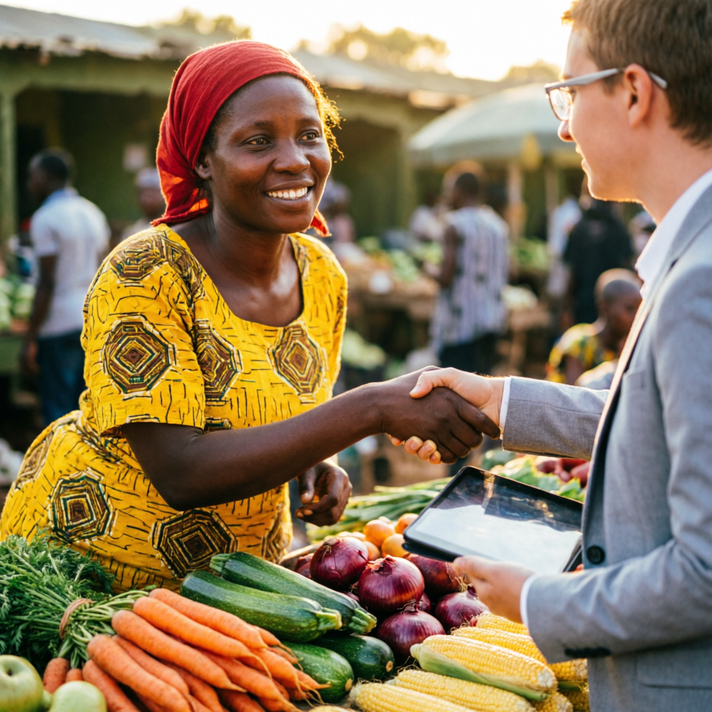 Microfinance loan officer shaking hands with a smiling market vendor