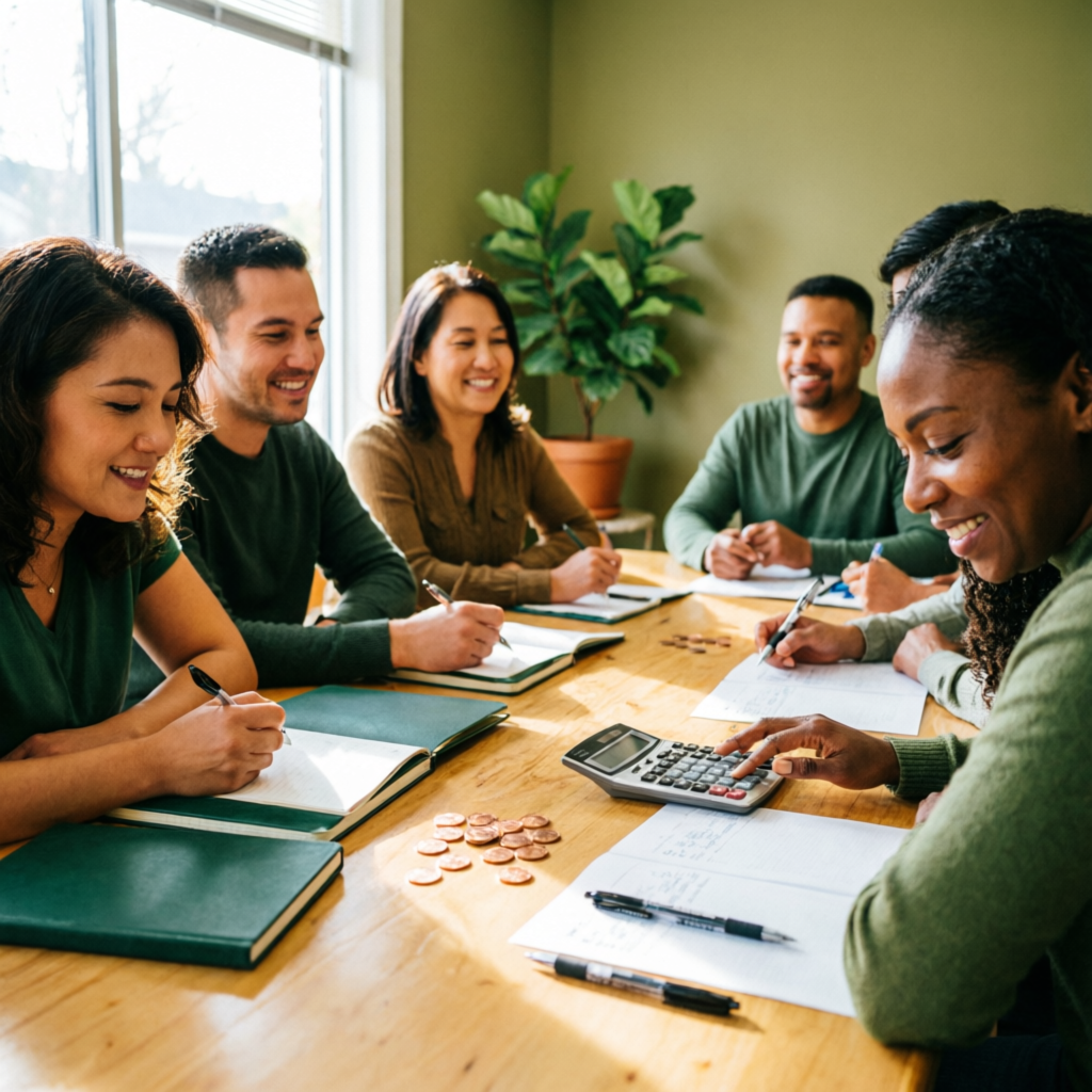 Community savings group meeting with smiling entrepreneurs