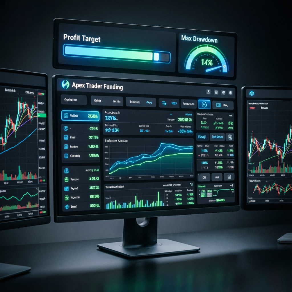 Apex Trader Funding evaluation dashboard showing profit target and drawdown meters