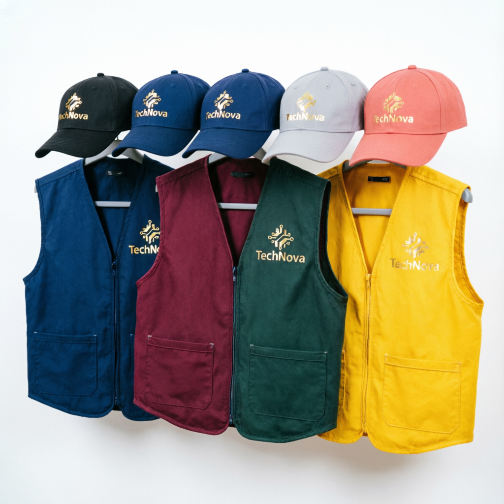 Chalecos y gorras promocionales con logos bordados