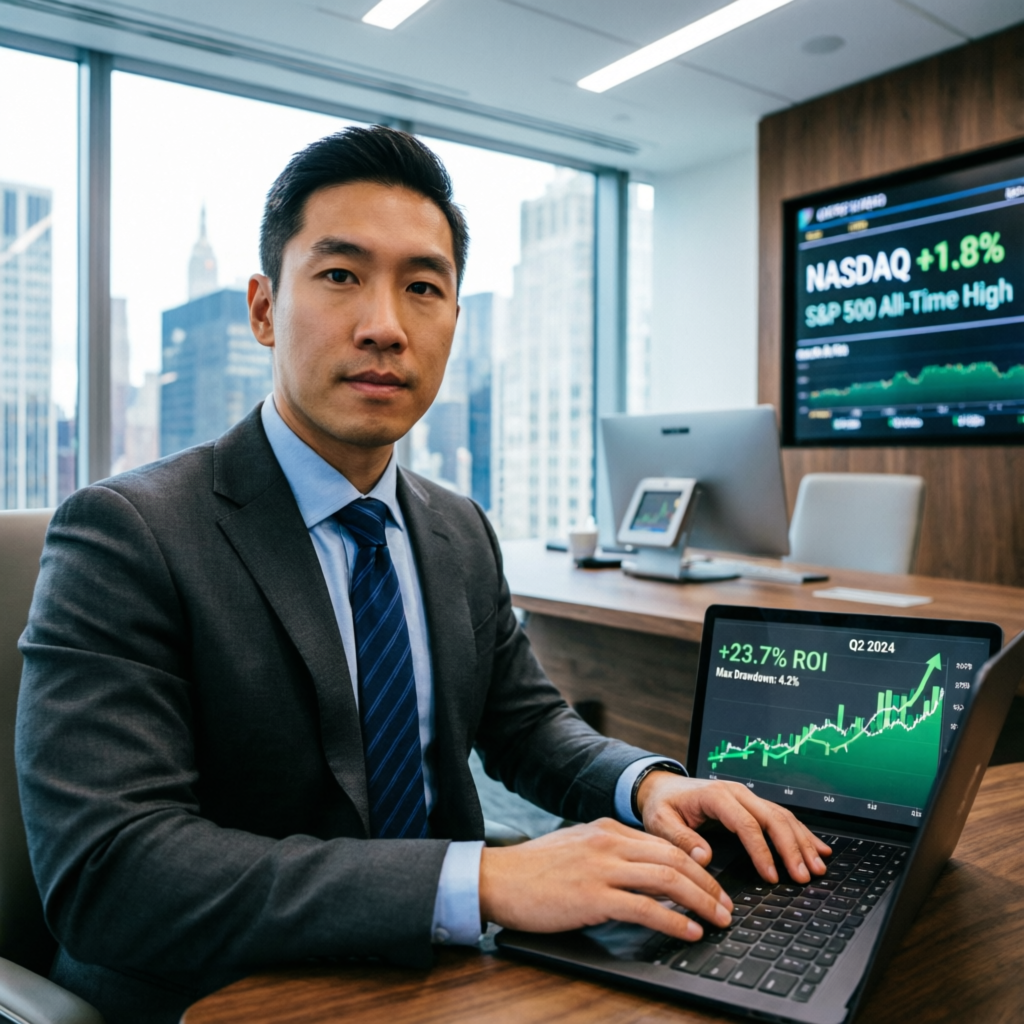 Professional trader reviewing profitable trading results on laptop