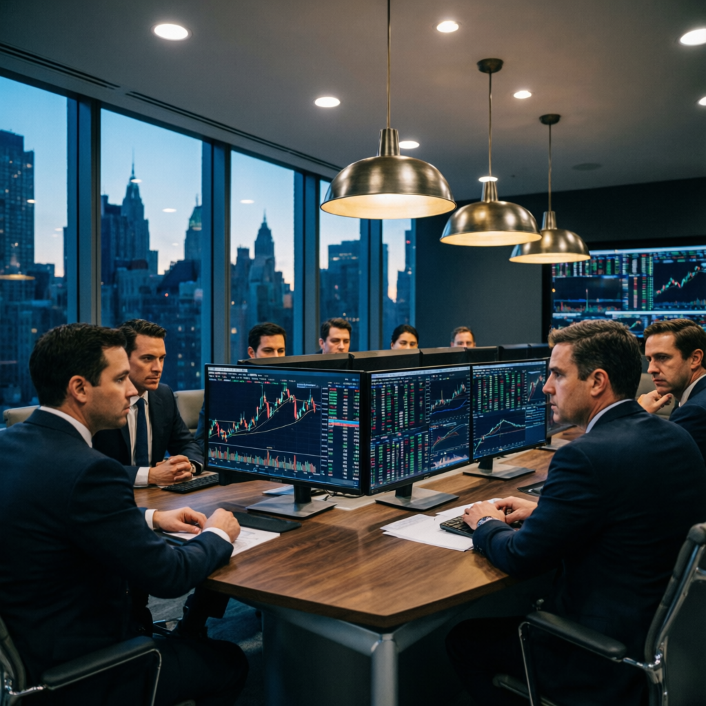 Professional prop trading team meeting in modern Wall Street office